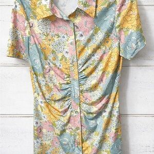 WAYF Jennifer Ruched Floral Dress – Vintage 70s Style – Size M